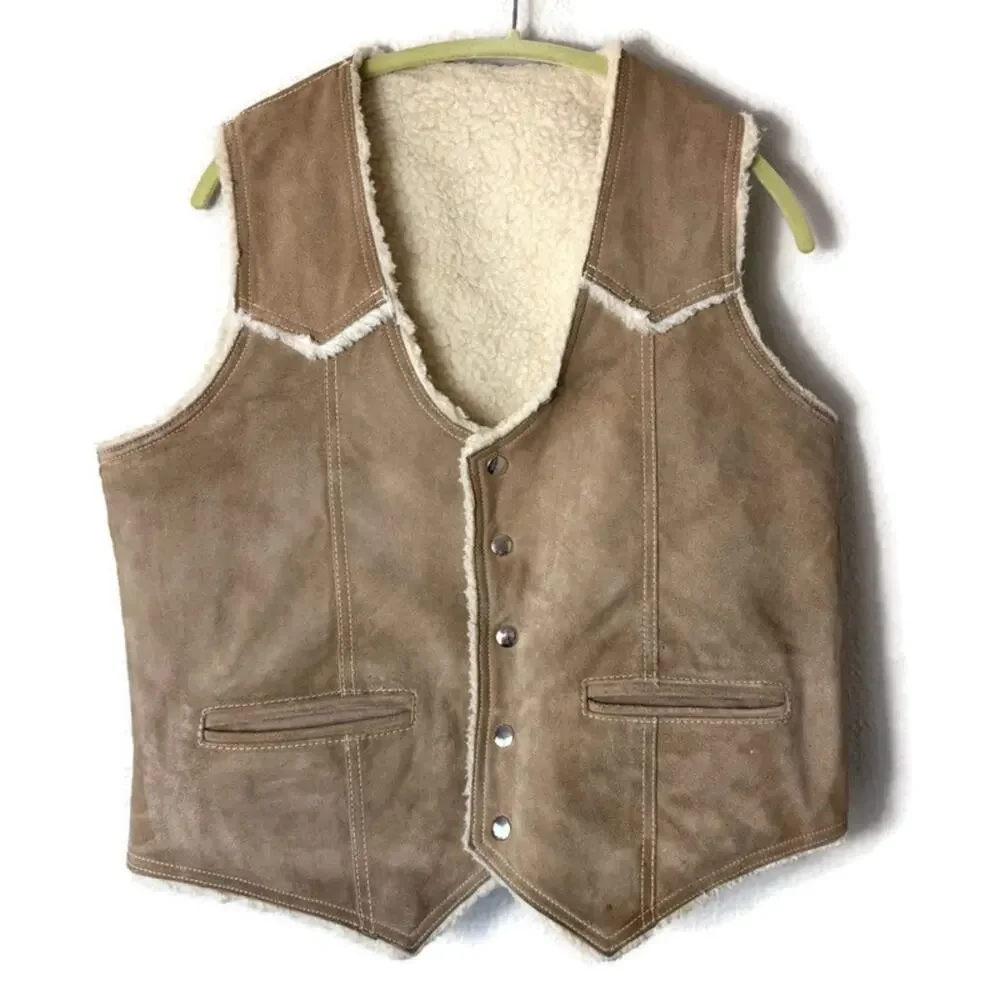 Vintage 70s Reversible Sherpa Lined Suede Leather Vest Men’s Size XL